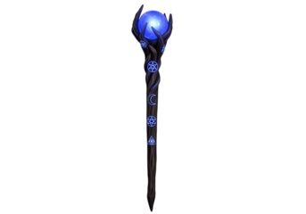 A mystical staff with a glowing blue orb and celestial symbols stands out against a black background.