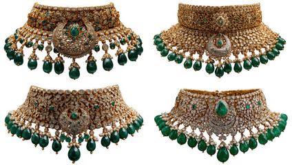 Four ornate indian choker necklaces adorned with emeralds and gold, isolated on transparent background