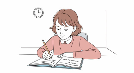 Young student studying is pictured at desk with notebook and pencil. Studying attentively, young student is focused on assignments, using textbook and writing.
