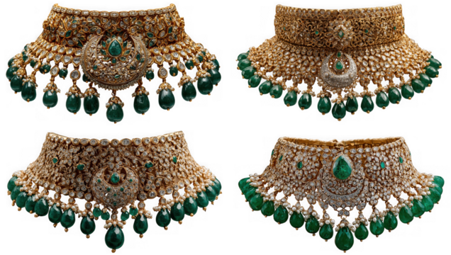 Four ornate indian choker necklaces adorned with emeralds and gold, isolated on transparent background