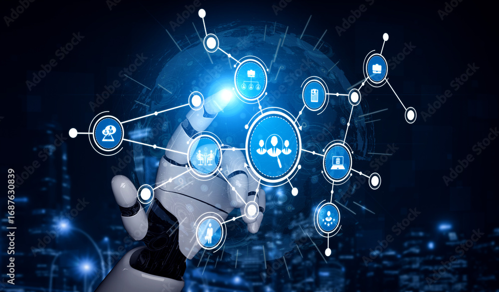 Poster a robotic hand interacts with an array of digital icons in a modern urban setting, showcasing the th