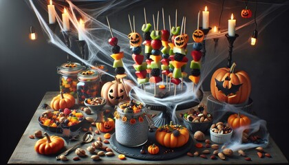 Halloween themed fruit skewers and spooky decorations home kitchen food display festive atmosphere close-up creative treats