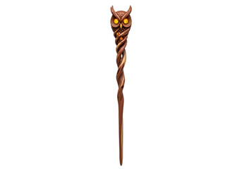 Fototapeta premium An intricate, stylized wooden staff, crafted to resemble a majestic owl, with glowing amber eyes, set against a striking black background.