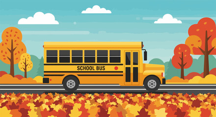 Bright yellow school bus, driving on asphalt road with autumn leaves. School bus transports pupils to educational institutions through scenic routes filled with fall foliage.