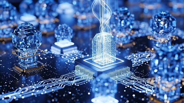 Quantum Computing Technology - Close-up view of a futuristic quantum computing processor with glowing blue crystalline structures and data streams.