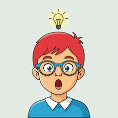 Boy with an idea in cartoon style, boy with an idea represented by a lightbulb illuminating his face. Boy with an idea indicates a eureka moment with an amazed expression,