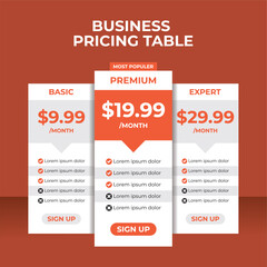 Red Business Pricing Table Template, Modern pricing table infographic for business subscription plans