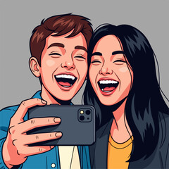 Capturing happy couple taking selfie together in studio setting, candid shot of two friends. Happy couple enjoying self-portrait photography with mobile phone. Using selfie as fun memory,