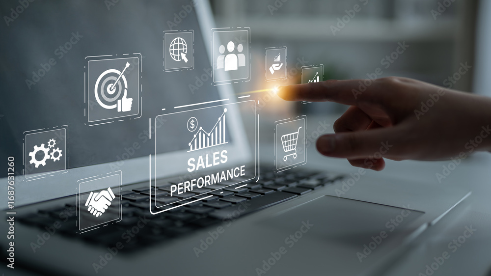 Poster digital sales performance dashboard showing sales performance metrics, performance trends, sales per