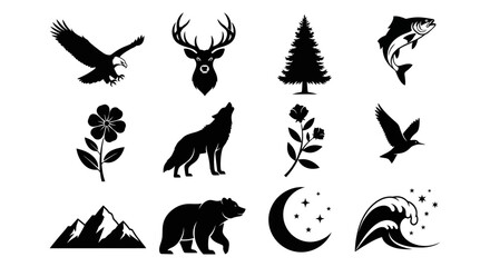 Nature's Essence A Vector Composition of Eagle, Deer, Pine, and Fish, with Floral Elements, Wolf, and Scenic Views, .