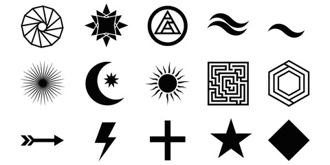 Collection of Diverse Vector Symbols, Geometric Shapes, Celestial Icons, Arrows, Lightning Bolt, Maze, Star, and Abstract Graphics, Perfect for Design Projects