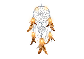 Fototapeta premium Handcrafted dreamcatcher with feathers and beads for spiritual protection and home decor white background