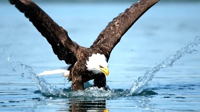 A majestic bald eagle with wings spread wide, catching prey from the water and creating a splash.