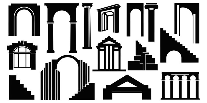 Vector Silhouettes of Architectural Elements Arches, Pillars, Staircases, and Facades for Design and Decoration