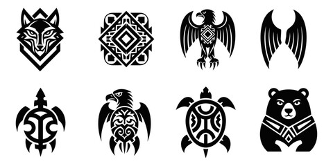 Fototapeta premium Stylized tribal animal vector symbols, geometric patterns, ideal for graphic design elements, cultural emblems, and ornamental backgrounds.