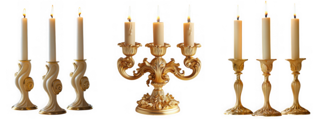 Assortment of antique golden candelabras and candlesticks with lit candles, isolated on transparent background