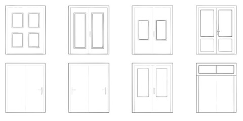 Eight Line Art Drawings of Various Door Designs on White Background doors entrance