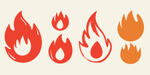 Six Stylized Fire Flame Icons in Red and Orange on Cream Background symbol heat