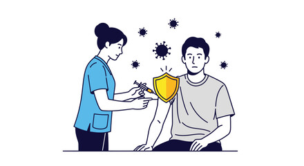 A nurse administers a vaccine to a patient, represented by a shield, protecting him from surrounding viruses.
