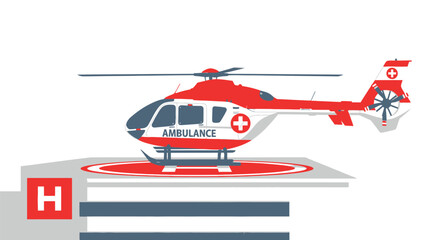A red and white air ambulance helicopter is landing on a hospital helipad, ready for emergency medical transport.