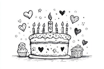 vector illustration of hand drawn doodle birthday cake candle balloons flags on transparent background, kid's doodle hand drawn birthday design elements