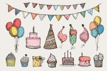vector illustration of hand drawn doodle birthday cake candle balloons flags on transparent background, kid's doodle hand drawn birthday design elements
