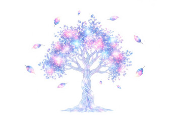 Whimsical tree with glowing pink and blue orbs and falling leaves white background