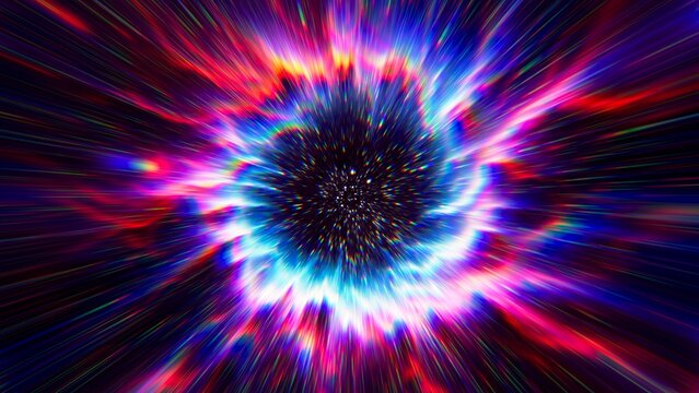 Flight to the stars at the speed of light. Portal for hyperspace jump. Colorful glowing cosmic background. Hyper Speed teleport. Time warp. Space traveling. Explosion in universe. Big bang. 3d render
