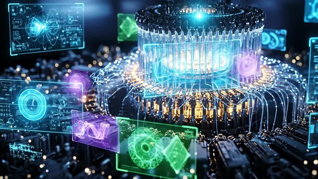 Futuristic Quantum Computer Engine - Close-up view of a technologically advanced quantum computer or engine, with vibrant holographic displays showing complex data and calculations.