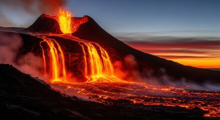 Fiery lava flows down a volcanic mountain at sunset volcano eruption