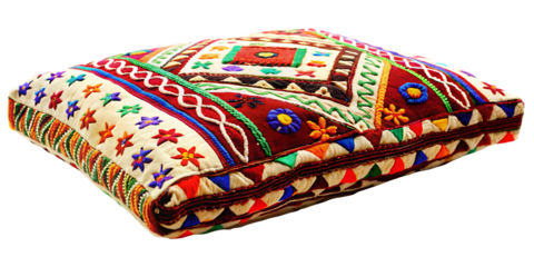Colorful embroidered cushion with floral patterns isolated on a transparent background