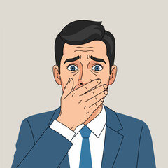 Man with hand over mouth in fear and anxiety, depicting a portrait of worry. Portrait with an emotional man covering mouth.