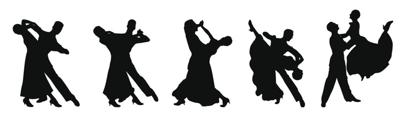 Set of ballroom dance couple silhouettes in flat vector, waltz, tango and foxtrot poses with dips, lifts and twirls, partner dance figures for event flyer, studio branding, poster and logo.