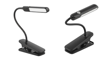 Two black portable LED reading lights with a flexible gooseneck and a clip-on clamp base.