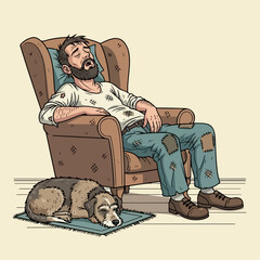 Cartoon character man sleeping comfortably in armchair with dog on rug, illustrating a poverty concept. Homeless person having a nap, showing challenges of poverty with ragged clothes.