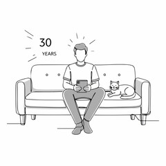 Man on sofa reading, with pet cat, celebrating his 30 years. Man on sofa concept, representing a milestone of 30 years, enjoys a quiet moment with feline friend, immersed in tablet.