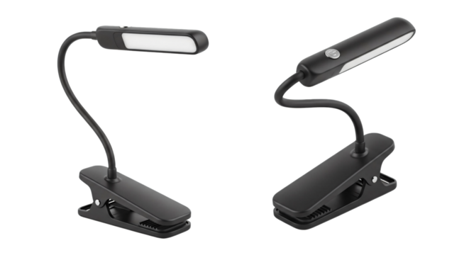 Two black portable LED reading lights with a flexible gooseneck and a clip-on clamp base.