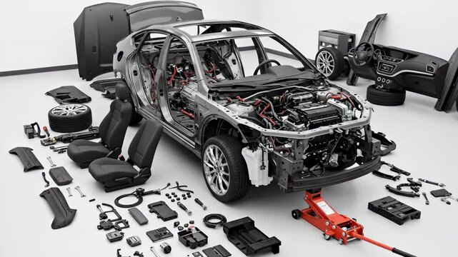 Disassembled Car: Internal Structure and Components - A detailed cutaway view of a disassembled car showcasing all its internal parts and components, including the engine, chassis, seats, and body
