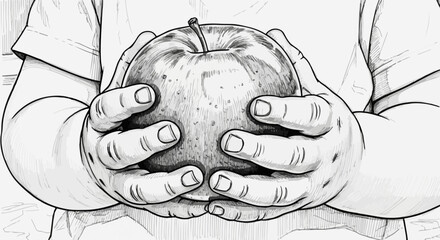Child holding fruit, specifically, a large apple, with both hands in an expressive, artistic illustration. Child holding fruit demonstrates concept of nurturing innocence, growth and health,