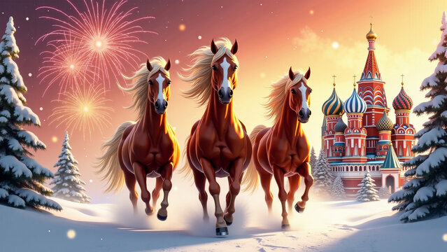 New Year's Eve. Three red horses on a snowy road. In the background, a fragment of Red Square and a festive fireworks display. AI generative.