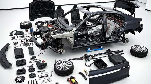 Disassembled Modern Car: Parts and Components - A detailed overhead shot showcasing every component of a modern car disassembled and laid out on a white background.
