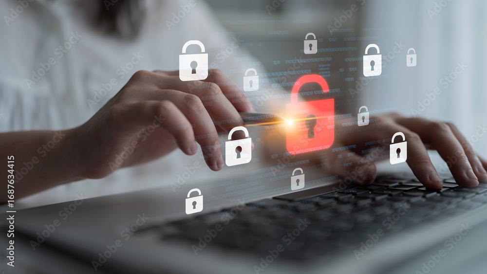 Poster digital security concept illustrating a cybersecurity breach, with a red unlocked padlock indicating