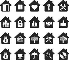 Collection of silhouette icons representing various aspects of home and real estate