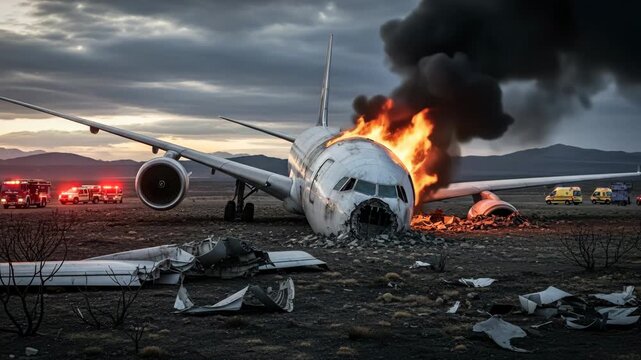 Burning Airplane Wreckage After Crash - A burning passenger jet lies wrecked on a desolate landscape, emergency vehicles on standby. Debris is scattered across the ground near the burning fuselage.