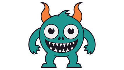 cute smiling scary monster with orange horns on white background