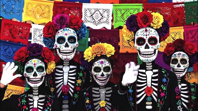 Participants in bright traditional attire showcase their decorated faces with intricate designs, celebrating a vibrant festival Day of the death  
