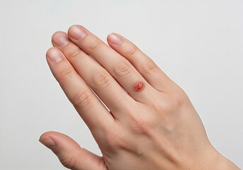 Wart on a hand, close-up shot on a white background. An informative image of a human papillomavirus infection. Treatment, medical attention, skin condition.
