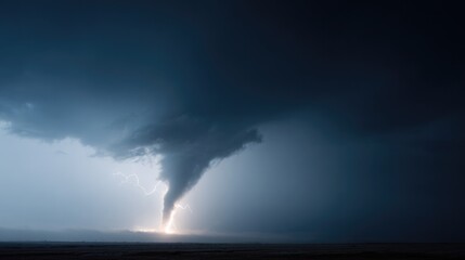 Obraz premium Dark storm clouds swirl dramatically as lightning strikes tornad