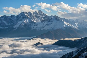 Sunrise in snow covered mountains landscape with fog