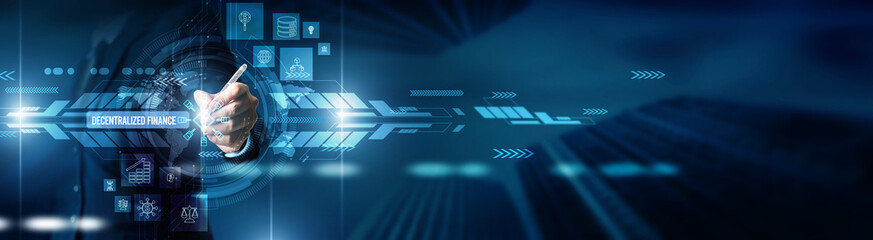 FinTech experts check decentralized finance platforms, blockchain transactions, smart contracts, seamless connections on virtual screen crypto wallets tokens peer-to-peer automation, and transparency.